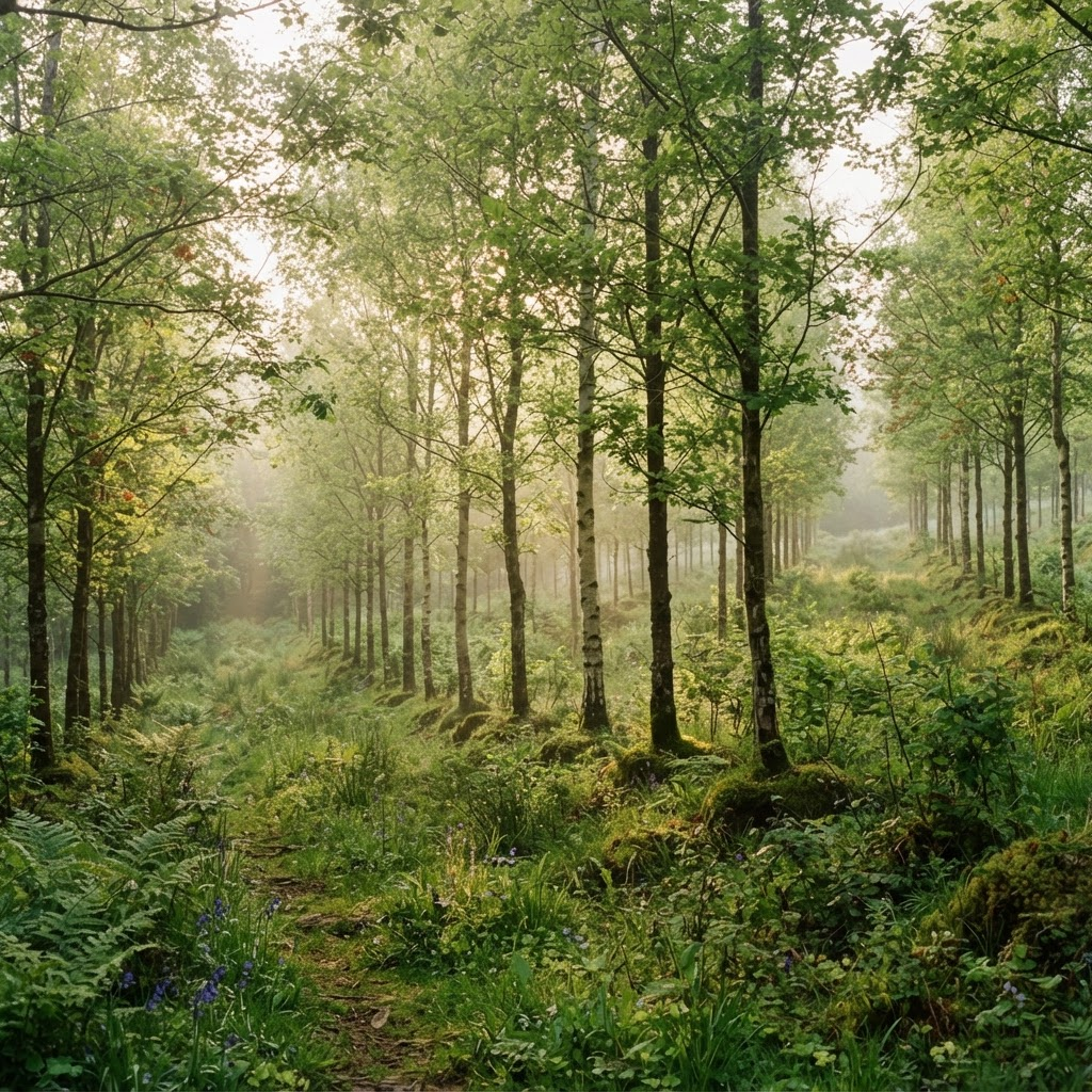 A young native Irish woodland in soft morning light